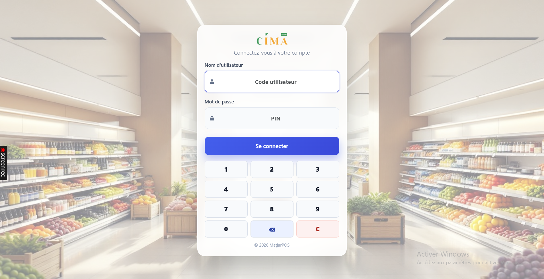 Staff sign-in: A user-code and PIN sign-in screen with an on-screen numeric keypad for accessing the retail workspace.
