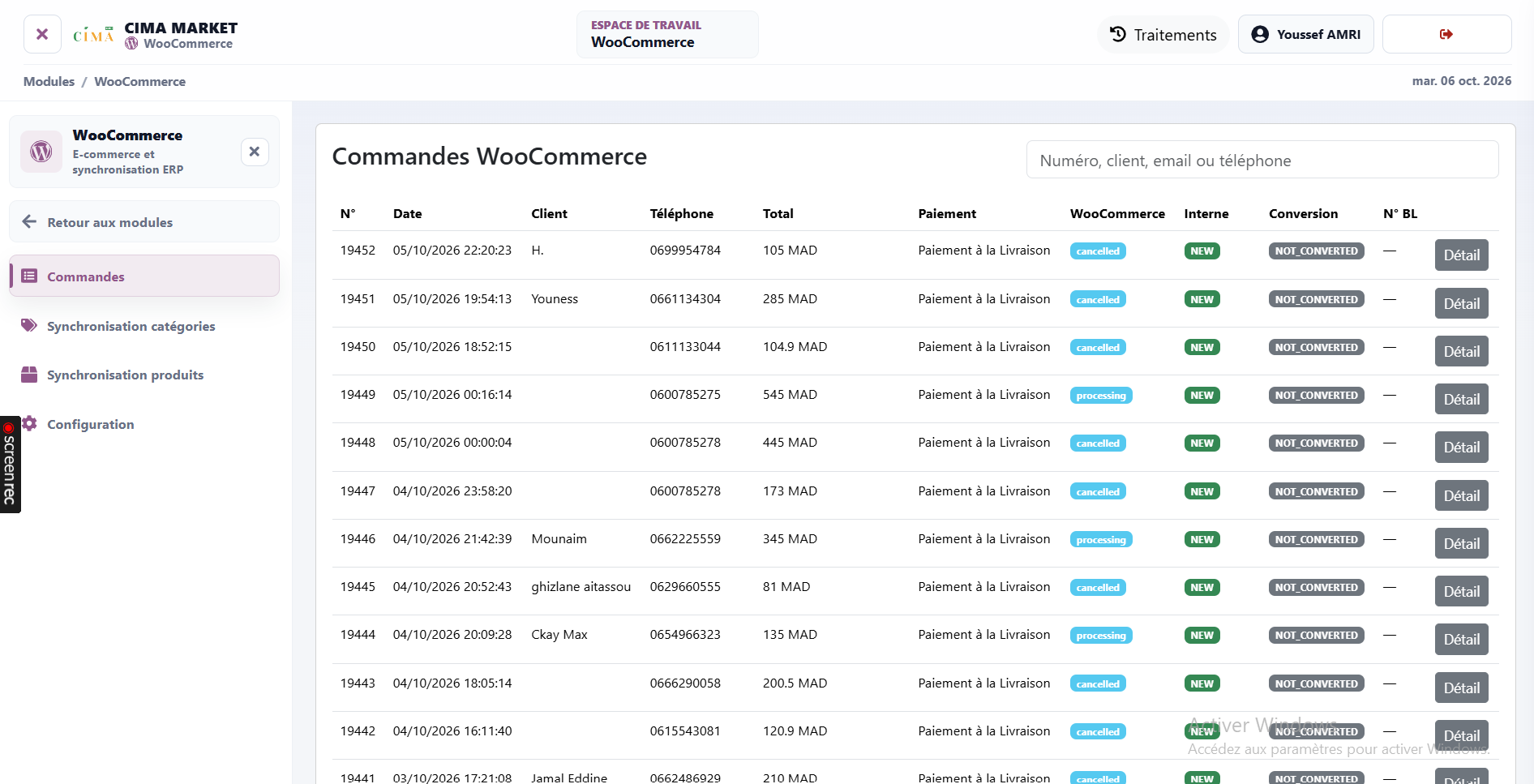 WooCommerce orders inside the ERP: The order workspace brings online orders into one table with payment methods, WooCommerce status, internal status and conversion tracking, alongside access to individual order details.