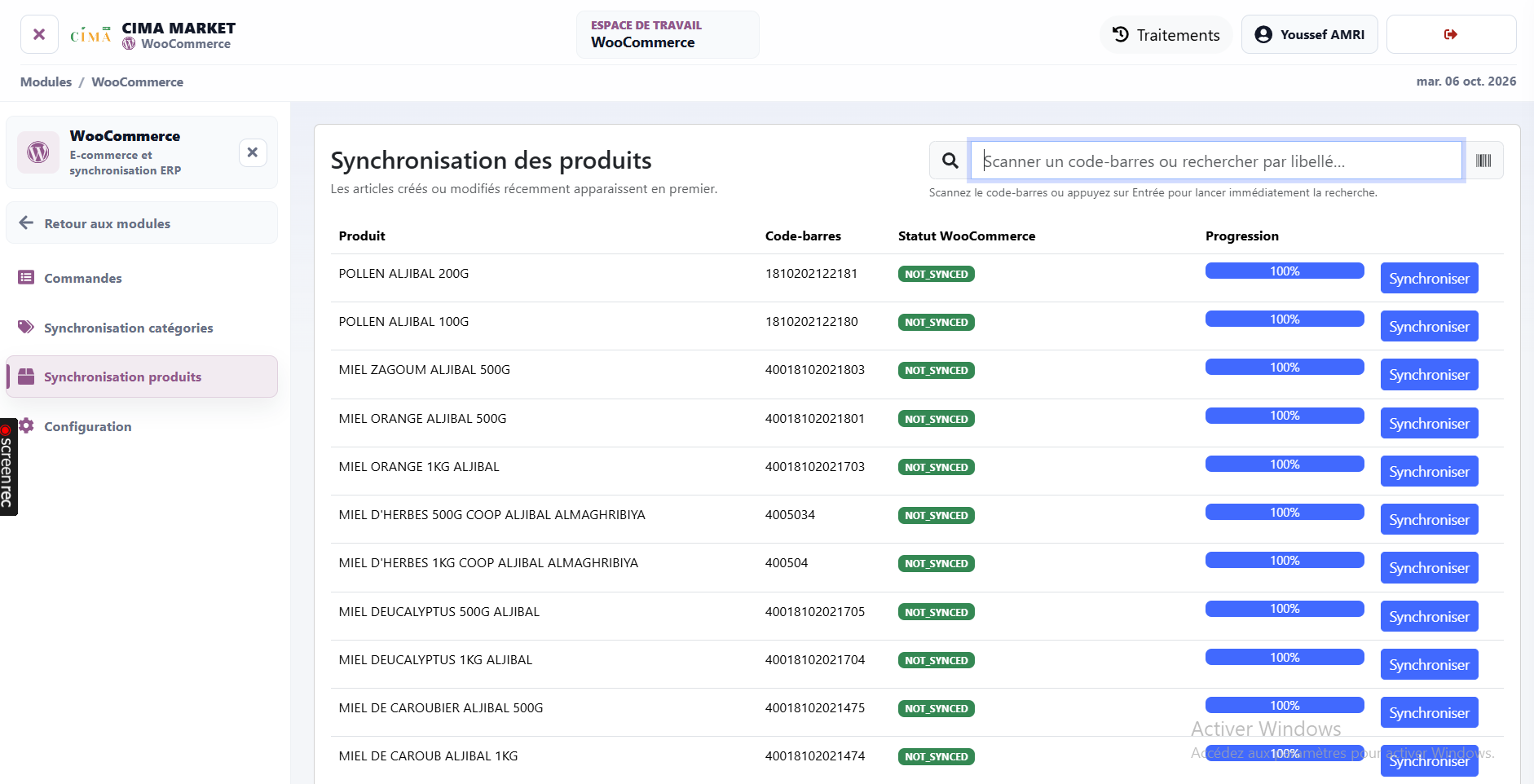 Product synchronisation controls: Operators can search by product name or barcode, review the displayed WooCommerce status and progress, and trigger synchronisation for individual products.